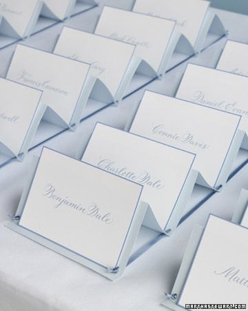 Classic Seating Cards and Displays Creative Seating Cards, Blue Color Palette Wedding, Printable Place Cards, Wedding Table Seating, Blue Bridal Shower, Seating Cards, Martha Stewart Weddings, Card Organizer, Wedding Color Palette