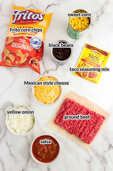 Ground Beef Fritos Recipes, Casserole With Fritos Ground Beef, Frito Ground Beef Casserole, Fritto Pie Corn Chips, Corn Chips Recipe Ground Beef, Frito Bake Casserole, Taco Bake With Fritos Corn Chips, Fritos Pie Casserole, Frito Chips Recipes