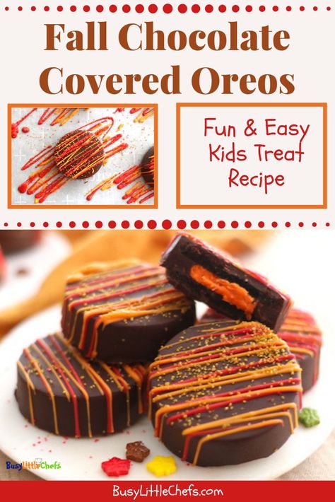 Easy and fun Chocolate Covered Oreos for fall, are an impressive dessert that kids can make. Either dip them, or use the special Oreo cookie mold and decorate them. #oreocookiemold #fall #kidfriendly #dessert #chocolate #oreos #holiday #busylittlechefs Desserts With Oreos, Easy Kids Treats, Thanksgiving Chocolates, Thanksgiving Desserts Kids, Fruit Carvings, Oreo Treats, Chocolate Covered Cookies, Make Dessert, Oreo Chocolate