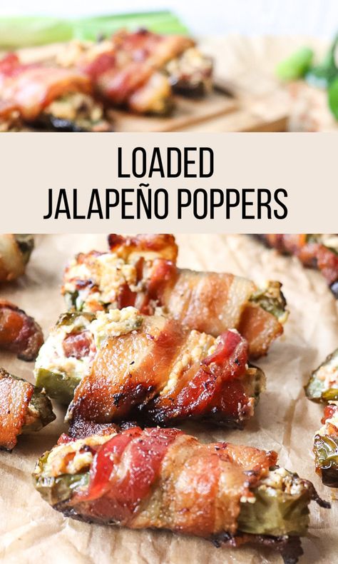 Loaded Jalapeno Poppers stuffed with a creamy cheese mixture and wrapped in bacon. Perfect dish to bring to your next cookout, or enjoy as an appetizer. #footballfingerfood #appetizer #footballfood #jalapenopopperdip #grilling Jalapeno Poppers With Sausage, Jalapeño Poppers Recipe, Sausage Stuffed Jalapenos, Bacon Wrapped Stuffed Jalapenos, Grilled Jalapeno Poppers, Wrapped Jalapeno Poppers, Bacon Jalapeno Poppers, Bacon Wrapped Jalapeno Poppers, Jalapeno Popper Recipes