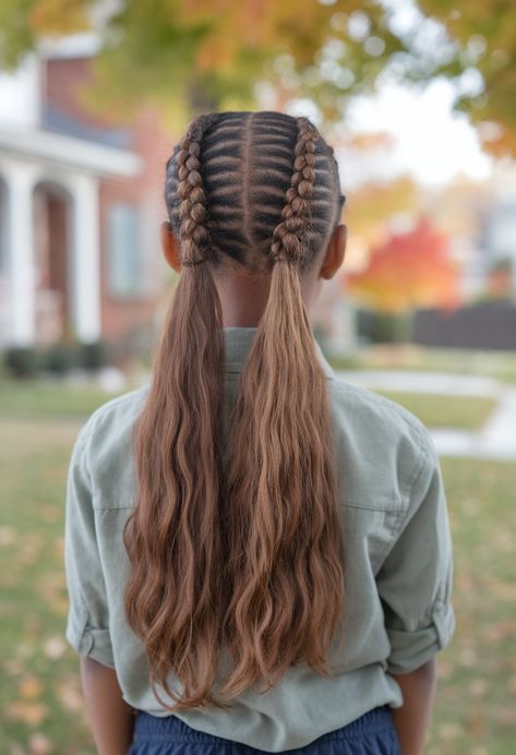 This spring black girl hairstyle 2025 blends structure and softness with perfectly aligned cornrows leading into two wavy ponytails. The thick hair is neatly braided at the scalp, ensuring a sleek and polished look, while the loose lengths add effortless movement. This cute yet practical style is a great choice for girl ideas school, combining elegance with everyday wearability. Hairstyle 2025, Braided Ponytails, Boho Waves, Practical Style, Wavy Ponytail, Try On Hairstyles, Girl Hairstyle, Crown Braid, Spring 2025