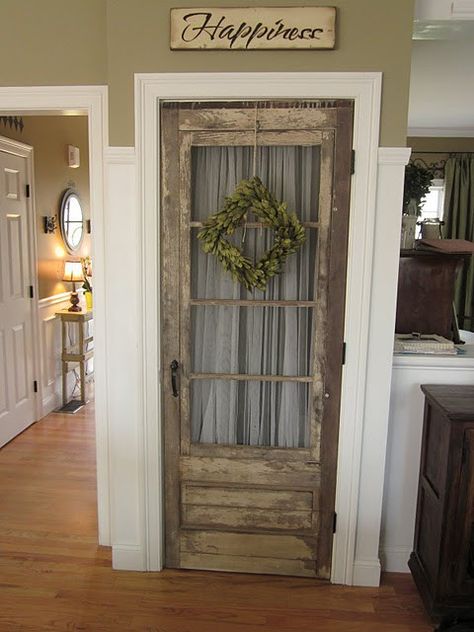 Dishfunctional Designs: New Takes On Old Doors: Salvaged Doors Repurposed Kitchen Pantry Doors, Old Screen Doors, Wooden Screen Door, Salvaged Doors, Farmhouse Pantry, Style Pantry, Doors Repurposed, Stone Floor, Vintage Doors