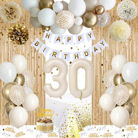 Amazon.com: 30th Birthday Decorations for Her, Gold Happy 30th Birthday Decorations White and Gold Balloons Happy Birthday Banner Tablecloth Fringe Curtain Cake Topper Paper Pom Poms Talk Thirty to Me Birthday : Toys & Games Birthday Decorations White And Gold, Birthday Decorations White, 30th Anniversary Decorations, White And Gold Balloons, 50th Birthday Themes, 30th Birthday Balloons, 50th Birthday Balloons, Balloons Happy Birthday, White Party Decorations