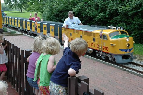 Kansas City Northern Railroad. Miniature train rides for .50 every weekend May-Sept Backyard Railroad, Things To Do In Kansas, Ride On Train, Miniature Train, Garden Trains, Trains For Sale, Garden Railroad, City Parks, Garden Railway