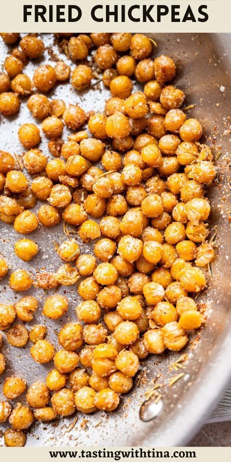 These pan fried chickpeas (also known as garbanzo beans) are versatile and perfect for when you crave a quick and flavorful snack or need a crunchy topping for salads. With a simple combination of seasonings, it's a great go-to option when you want a hassle free and satisfying treat. Baked Garbanzo Beans, Fried Chickpeas Recipe, Baked Salmon Steak, Fried Chickpeas, Roasted Garbanzo Beans, Chickpea Fries, Garbanzo Bean Recipes, Cooking Garbanzo Beans, Mediterranean Snacks