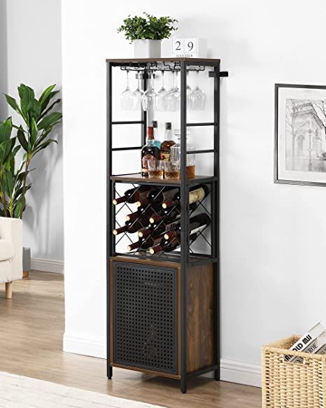 O&K FURNITURE Wine Bar Cabinet for Liquor and Glass, Free Standing Wine Rack, Bar Liquor Cabinet, Multifunctional Floor Wine Cabinet with Adjustable Shelf for Living Room, Home Bar（Vintage Brown） Free Standing Wine Rack, Standing Wine Rack, Wine Rack Bar, Liquor Bar, Wine Bar Cabinet, Wine Rack Storage, Home Bar Furniture, Glass Bar, Wine Glass Holder