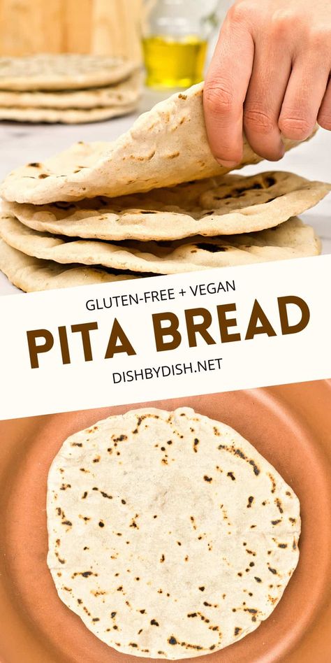 This gluten-free pita bread recipe is a delicious and satisfying gluten-free alternative to traditional pita bread. Chewy and flexible, these gluten-free pitas are perfect for eating with hummus, baba ganoush or other favorite dips, making sandwiches or wraps, or enjoying on its own! Totally dairy-free and vegan too. Gf Pita Bread Recipe, Vegan Pita Bread Recipe, Armenia Food, Gluten Free Flour Substitutions, Gluten Free Pita Bread, Pita Crackers, Gluten Free Pita, Making Sandwiches, Pita Bread Recipe