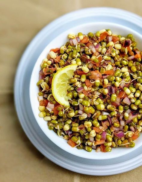 Sprouted Moong Dal Salad Recipe Step By Step Instructions Moong Dal Salad, Veg Salad Recipes, Desayuno Keto, Vegetarian Salad Recipes, Healthy Indian Recipes, Bruschetta Recipe, Sprouts Salad, Vegetarian Salads, Moong Dal