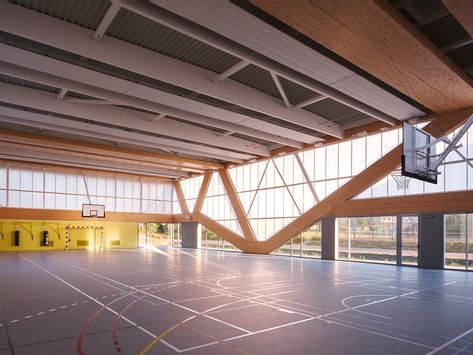 Gymnasium Architecture, Exposed Trusses, Multipurpose Hall, Timber Architecture, Stadium Design, Sport Hall, Sports Complex, School Building, Diagram Architecture