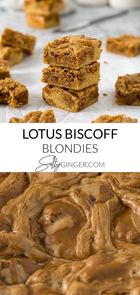 Top - stacked biscoff blondies, bottom - close up of Biscoff Blondies Biscoff Oatmeal Cookies, Homemade Biscoff Cookies, Speculoos Cookie Butter Recipes, Lotus Blondies, Biscoff Butter Recipes, Biscoff Spread Recipes, Biscoff Caramel, Homemade Biscoff, Biscoff Blondies