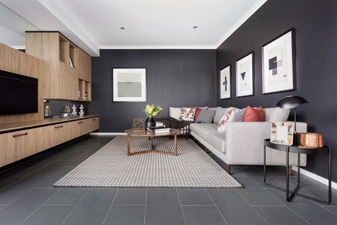 dark grey living room wall with floor tiles in living room from metricon Grey Floor Tiles Living Room, Grey Tiles Living Room, Dark Grey Dining Room, Grey Flooring Living Room, Gray Rug Living Room, Dark Grey Living Room, Modern Grey Living Room, Grey Walls Living Room, Gray Living Room Design