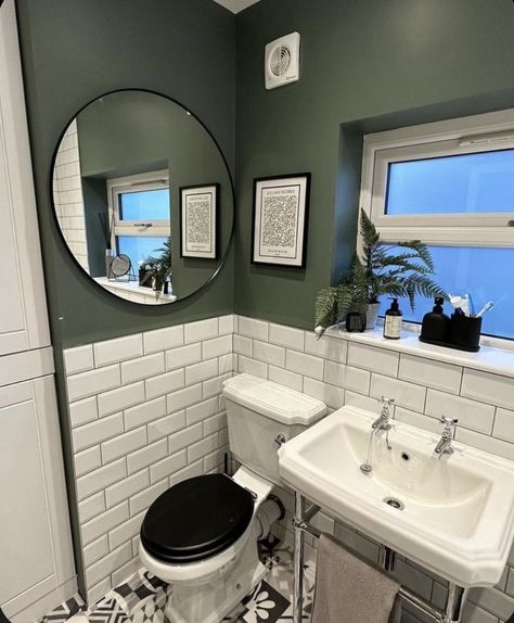 Downstairs Toilet White Tiles, Green Bathroom With White Tile, Small Bathroom Green And White, Bathroom Colours With White Tiles, Bathroom Ideas Small Green, White Green And Black Bathroom, Bathroom Green And Black, Black Toilet Seat Bathroom Ideas, Bathroom White Tiles Green Walls