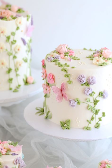 Buttercream Floral Cakes — Rose Vanilla Vintage Butterfly Cake, Floral Bridal Shower Cake, Floral Buttercream Cake, Buttercream Rose Cake, Wildflower Cake, Floral Cake Design, Flower Cake Design, Floral Cakes, Girly Birthday