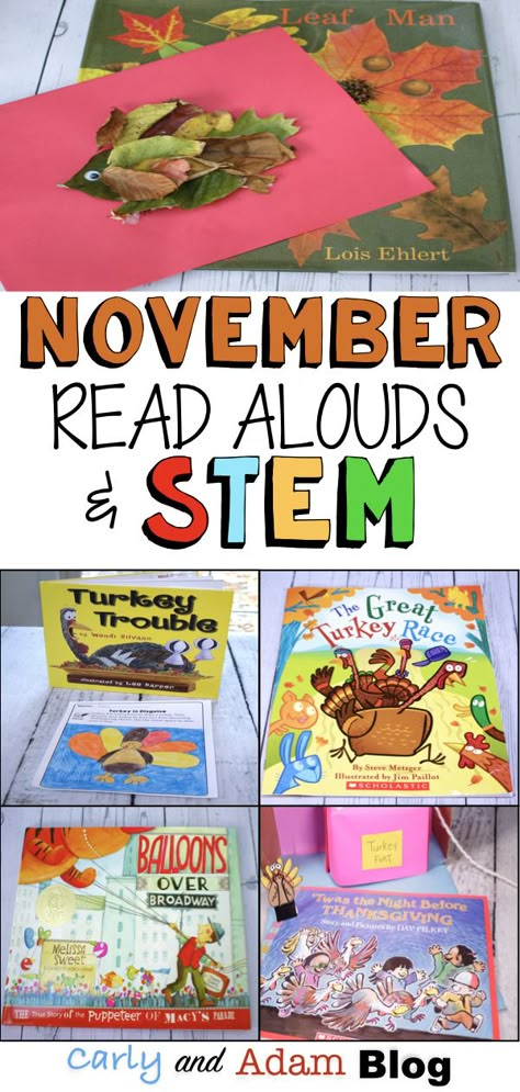 November STEM Read Alouds (Thanksgiving Read Alouds): We love using read alouds and STEM activities to create a fun and engaging classroom. Students love the hands-on learning Thanksgiving STEM challenges that incorporate, reading, writing, and making. #readalouds #stemactivities Stem Read Alouds, Thanksgiving Read Alouds, November Read Alouds, November Stem, Thanksgiving Stem Activities, Thanksgiving Read Aloud, Thanksgiving Stem, Thanksgiving Activities For Kindergarten, November Classroom