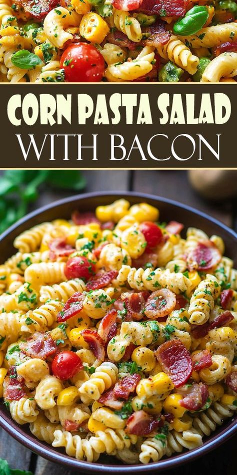 This Creamy Corn & Bacon Pasta Salad is packed with sweet corn, smoky bacon, and a rich, tangy dressing. Perfect for meal prep, BBQs, and quick weeknight meals! Ready in under 20 minutes! Pin now & make later! 🌽🍴 #BaconLovers #PastaSaladRecipes #CrowdPleaser #EasyDinners Creamy Pesto Dressing, Pasta Salad With Bacon, Summer Pasta Salads, Easy Pasta Salad Recipes, Bacon Pasta Salad, Corn Pasta Salad, Pesto Dressing, Corn Pasta, Best Macaroni Salad