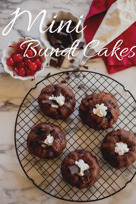 Sweet and decadent, these mini cakes are the perfect treat. Bundy Cake, Forest Cakes, Forest Miniature, Mini Bundt Cakes Recipes, Mini Bundt, Mini Bundt Cakes, Individual Cakes, Black Forest Cake, Bundt Cakes Recipes