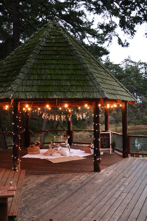 Twilight Proposal Ideas, Pergola Proposal Ideas, Proposal With Pictures Hanging, Secluded Proposal, Proposal Ideas Forest, Outdoor Proposal Ideas Woods, Proposal Ideas Gazebo, Intimate Proposal Ideas Outdoor, Teepee Proposal