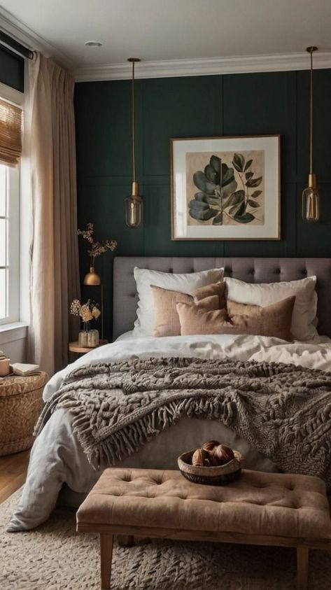 Bedroom Retreat Ideas Master Cozy, Master Bedrooms Colorful, Pisces Bedroom Aesthetic, Bedroom Forest Theme, Woman Room Ideas Bedrooms, Sophisticated Bedroom Women, Women Bedroom Ideas Grown, Moody Farmhouse Bedroom, Married Bedroom