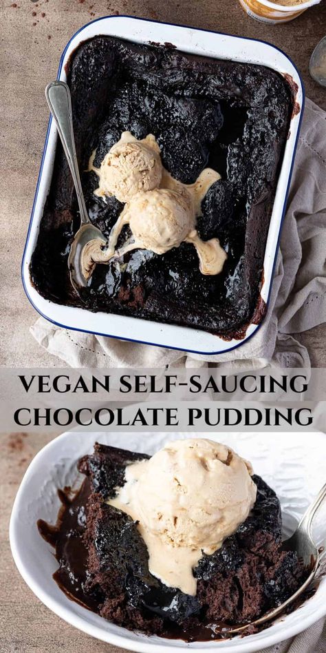 Vegan self-saucing chocolate pudding - This vegan version of the classic dessert is quick and easy to make.  It is baked in one dish and magically forms a moist chocolate sponge with a rich, gooey chocolate sauce underneath. This pudding is sure to be a real crowd pleaser! Easy Vegan Pudding, Vegan Cocoa Powder Recipes, Vegan Chocolate Pudding Recipe, Easy Snacks Vegan, Gluten Free Vegan Dessert Recipes, Vegan Bundt Cake Recipes, Vegan Dessert Easy, Vegan Pudding Recipe, Quick Vegan Dessert