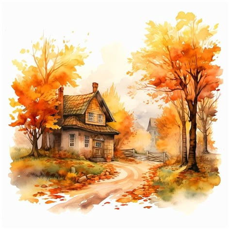 Fall Canvas Painting, Autumn Watercolor, Image Halloween, Autumn Illustration, Cool Pencil Drawings, Fall Watercolor, 수채화 그림, Autumn Painting, Autumn Landscape