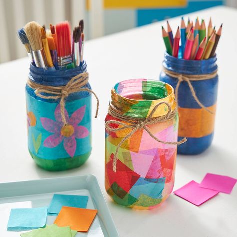 Tissue Square Embellished Mason Jar | Projects | Michaels Paper Jar, Jar Projects, Plastic Mason Jars, Tissue Paper Crafts, Mason Jar Projects, Free Classes, Mother's Day Activities, Beginner Crafts, Brownie Girl Scouts