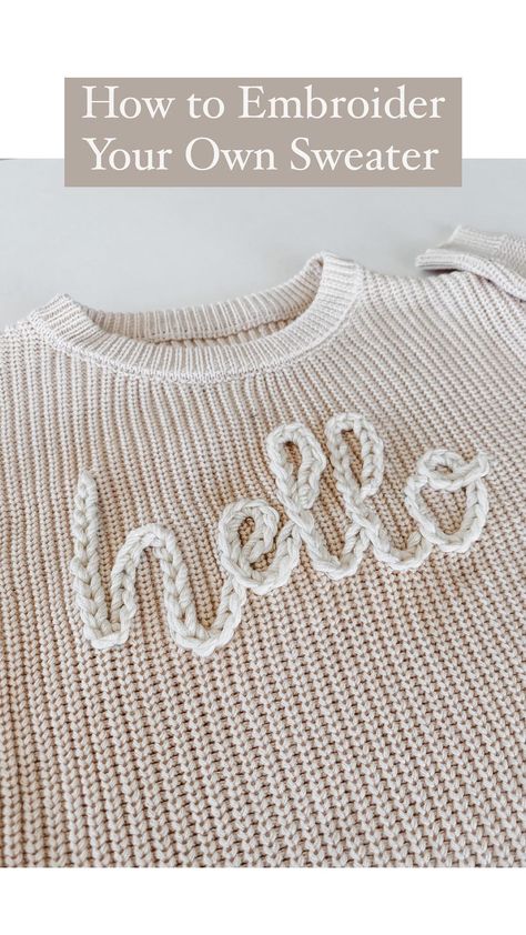 Made this one for a friend’s cute lil baby 💜 Want to learn how to make your own embroidered sweaters? 💜 Comment “sweater stitch along”… | Instagram Knit Sweater Embroidery Diy, Baby Sweater Embroidery Name Diy, Embroidery Sweater Diy, How To Embroider Letters, Socks For Christmas, Cross Stitch Letter Patterns, Embroidered Sweaters, Monogram Sweater, Sweater Diy