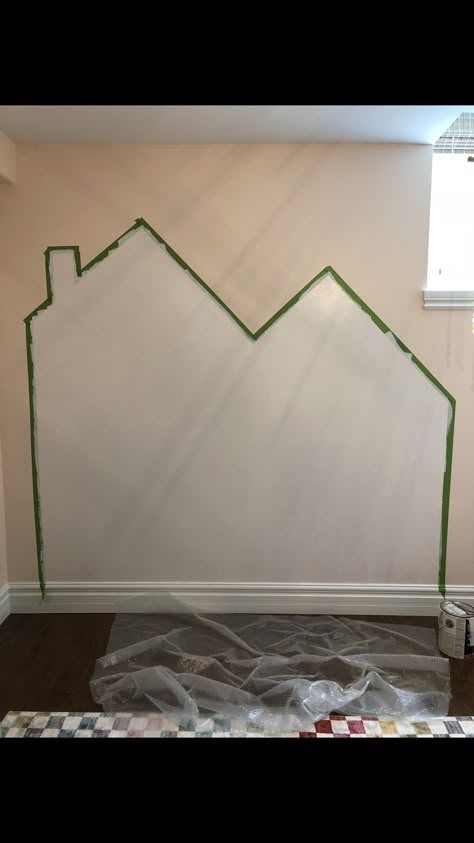 Playroom wall designs. Painting the outline of a house for the kids kitchen area. Playroom Paint Designs, Paint House On Wall Playroom, House Outline On Wall Playroom Diy, Playroom House Mural, Painted House Playroom, Wall Ideas For Playroom, Play Kitchen House Outline, Playroom Painted Mural, Playroom Painted Wall Ideas