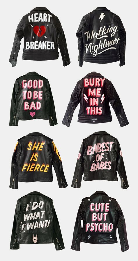 i like these leather jackets, and i want one. they're hand painted on 100% leather by London based Laurie Lee, who you can of course follow on Instagram. Spray Paint Leather Jacket, Leather Jacket Painting, Painting Jacket, Women Biker Jacket, Hand Painted Leather Jacket, Painted Fashion, Painted Leather Jacket, Custom Leather Jackets, Motorcycle Men