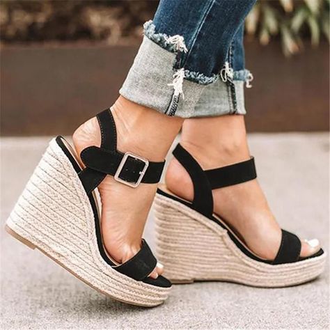 97d0145823aeb8ed80617be62e08bdccdesc39232970ri Suede Shoe Style, Heeled Espadrilles, Comfortable Wedges, Open Toe High Heels, Womens Sandals Wedges, Estilo Chic, Buckled Heels, Fashion Heels, Womens Wedges