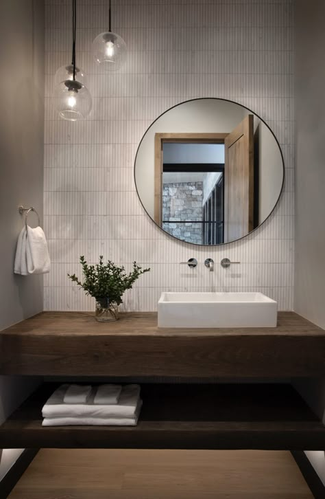 Farmhouse Modern Powder Room, Light Blue Modern Bathroom, Wall Hung Sink Powder Room, Limestone Powder Room, Floating Vanity With Shelf Underneath, Modern Organic Powder Bath, Mountain Home Powder Room, Restoration Hardware Powder Room, Small Powder Bathroom Design