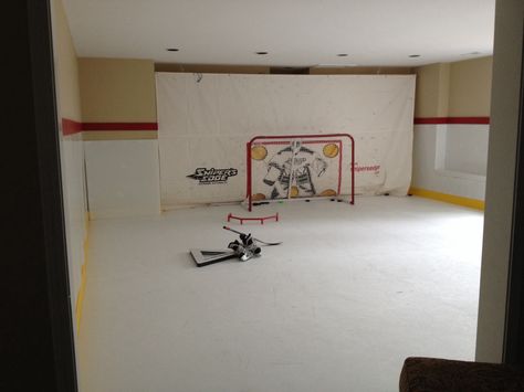 Synthetic ice rink in our basement for the boys :-) = fun Hockey Garage, Long Short Bob, Hockey Basement, Synthetic Ice Rink, Indoor Hockey, Synthetic Ice, 4 Hairstyles, Bob Haircuts For Fine Hair, Hockey Room