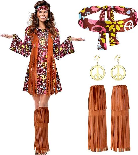 Este juego de accesorios de disfraz hippie incluye aretes de signo de paz, collar de signo de paz, diadema de flores, vestido de flores, calcetines de tobillo con borlas. Juego adecuado para fiestas temáticas de los años 60 o 70. Inlcuye 5 piezas pueden satisfacer tus diferentes necesidades. Headband Dress, Peace Sign Earrings, 60s Hippie, Moda Hippie, Peace Sign Necklace, Estilo Hippy, Mode Hippie, 70s Outfits, Estilo Hippie