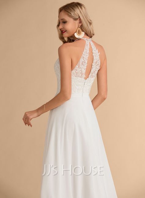 A-Line High Neck Floor-Length Chiffon Lace Wedding Dress (002215656) - JJ's House Halter High Neck Wedding Dress, Tank Top Wedding Dress, High Neck Lace Wedding Dress, High Neck Wedding Dress, Neck Wedding Dress, Chiffon Wedding Dress, Top Wedding Dresses, High Neck Tank Top, High Neck Tank