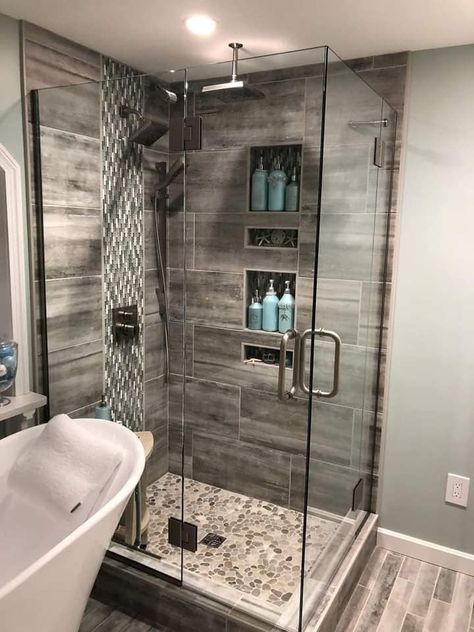 Shower Tile Designs Modern, Custom Tile Shower Ideas, Wood Tile Shower, Bathroom Remodel Plans, Shower Design Ideas, Tile Showers, Tiled Shower Ideas, Small Bathroom Renovations, Modern Bathroom Tile