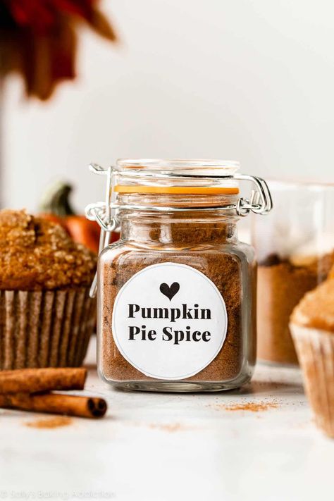 Combine some delicious fall spices to make your own pumpkin pie spice blend for your baking! I like to add a pinch of black pepper for a little extra spice. Recipe and free labels on sallysbakingaddiction.com Homemade Pumpkin Pie Spice, Crumb Cake Muffins, Homemade Honey Butter, Pumpkin Pie Spice Recipe, Pie Spice Recipe, Pumpkin Oatmeal Cookies, Thanksgiving Pumpkin Pie, Pumpkin Scones, Homemade Pumpkin Pie