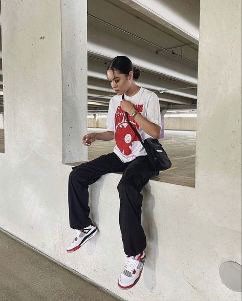 Outfit With Red And White Jordans, Jordan 4s Retro Fire Red Outfits, Red Retro 3 Outfit, Red Fits Streetwear, Red Jordan 1 Outfit Women Street Style, Jordan 3 Outfit Women Red, Air Jordan 4 Red Cement Outfit, Fire Red 4s Outfit Baddie, Outfit With Red Jordans