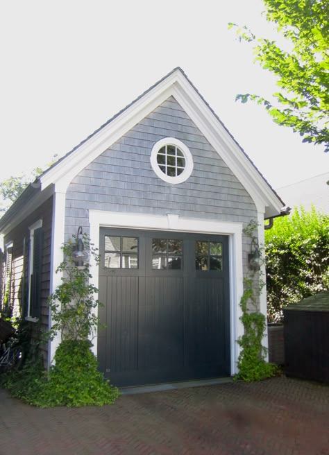 Darling garage- Edgartown MA Blue House Black Garage Door, Garage Colors, Gray Garage, Cottage Garage, Detached Garage Designs, Black Garage, Garage Door Types, Backyard Garage, Carriage House Garage