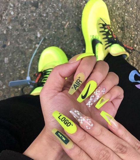 Sneaker Nails, Nike Nails, Edgy Nails, Grunge Nails, Glow Nails, Long Acrylic Nails Coffin, Nail Swag, Colorful Nail Designs, Summer Acrylic Nails