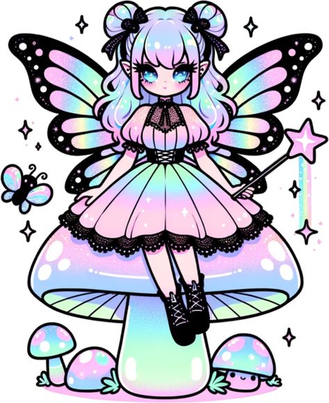 Graphic of a pastel goth fairy with wings. She's perched on a mushroom, wears a pastel dress with lace trims, and holds a wand emitting sparkles. Cute, kawaii bugs with patterns fly around her. Embrace your darkness with this adorable pastel goth fairy chibi girl design. Featuring a kawaii emo with a creepy cute twist, this print is perfect for those who love all things spooky and cute. Ideal for fans of pastel goth, fairies, chibis, kawaii, emo, and all things creepy cute. Get yours today! -- C Fairy With Wings, Shuffle Cutouts, Kawaii Emo, Girl Chibi, Dark Kawaii, Pastel Goth Art, Whatsapp Wallpaper Cute, Goth Fairy, Emo Girl