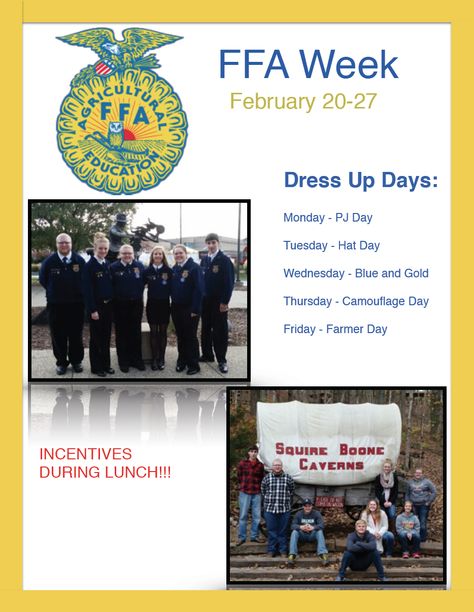 Did you know? That each year, FFA chapters around the country celebrate National FFA Week. The PHS FFA is gearing up for a week of dress up days to celebrate and are hoping the student body will get involved!   The week-long tradition began in 1947 when the National FFA Board of Directors designated the week of George Washington's birthday as National FFA Week in recognition of his legacy as an agriculturist and farmer. #PCSCweCARE National Ffa Week Dress Up Days, Ffa Week Ideas Dress Up, Ffa Dress Up Days, Ffa Week Dress Up Days, National Ffa Week Ideas, Ffa Week Ideas Activities, Ffa Spirit Week Ideas, Ffa Meeting Ideas, Dress Up Days Ideas