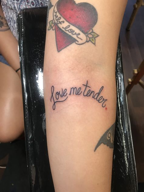 Love me tender tattoo Elvis tattoo Simple Elvis Tattoo, Traditional Elvis Tattoo, Tcb Tattoo Elvis, Love Me Tender Tattoo, Elvis Lyrics Tattoo, Elvis Tattoo For Women, Elvis Presley Tattoo Ideas, Elvis Tattoo Ideas, Elvis Inspired Tattoos