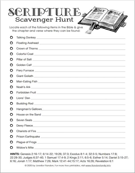 Scripture Scavenger Hunt (Free Printable) - Flanders Family Homelife Psalms Scavenger Hunt, Christian Scavenger Hunt, Bible Verse Scavenger Hunt, Bible Worksheets For Kids Printables, Printable Scavenger Hunt, Bible Scavenger Hunt For Adults, Bible Scavenger Hunt, Youth Sunday School Games, Old Testament Scavenger Hunt