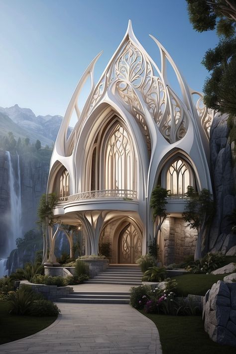 Elves Artwork, Elven Palace, Elvish Architecture, Elven Architecture, Boho House Ideas, Dnd Pirate, Elf City, Minimal Houses, Elven City