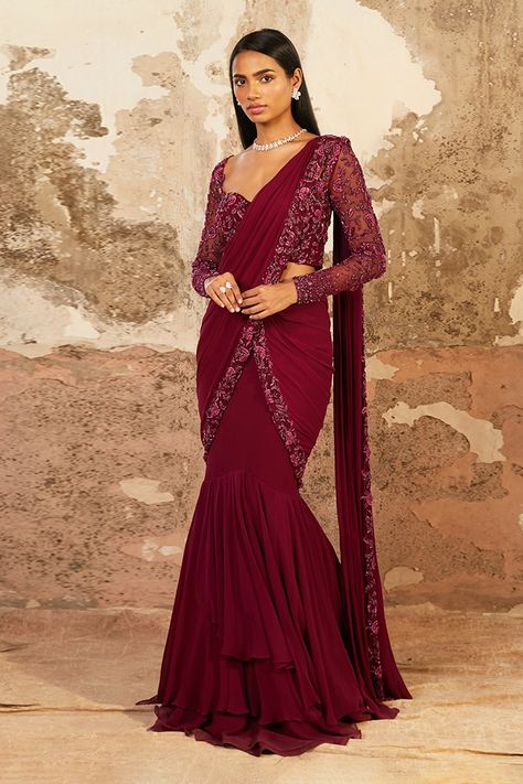 Buy Shloka Khialani Purple Georgette Aubrey Pre-draped Saree With Blouse Online | Aza Fashions Shloka Khialani, Draped Saree, Purple Saree, Drape Saree, Embellished Blouse, Blouse For Women, Saree Look, Fancy Sarees, Plum Purple