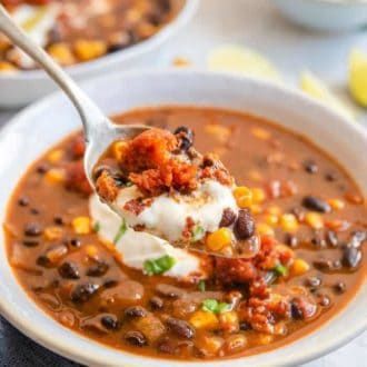 Black Bean Soup with Crispy Chorizo - Preppy Kitchen Chorizo Sausage Soup, Soup With Chorizo Sausage, Bean Soup With Canned Beans, One Pot Vegetarian Recipes, Black Bean Soup Recipe, One Pot Vegetarian, Dried Black Beans, Delicious Veggies, Preppy Kitchen