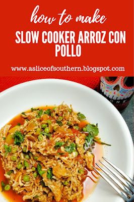 This one-pot dinner is inspired by the traditional dish of Spain and Latin America. Slow Cooker Arroz con Pollo comes together easily, using your crock pot! - Slice of Southern Southwest Crock Pot Chicken And Rice, Italian Chicken And Rice Crockpot, Crock Pot Spanish Rice, Chicken And Rice Crockpot, Spanish Rice Easy, Recipes Mexican, Cuban Food, One Pot Dinner, Spanish Rice