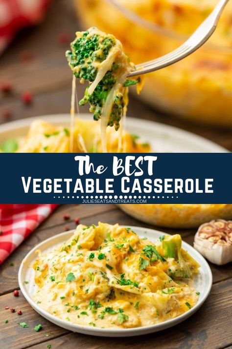 Need a side dish recipe for the holidays or entertaining? This Cheesy Vegetable Casseroles is EPIC! It's layered with broccoli, cauliflower, water chestnuts, bean sprouts and topped with cheddar and mozzarella cheese. I love that you can prep it the day before and just bake it the day you are entertaining. Make sure you make this the next time you need a delicious side dish recipe. #vegetable #casserole Cheesy Vegetable Casserole, Veggie Casserole Recipes, Mixed Vegetable Casserole, Vegetable Bake Recipes, Vegetable Casseroles, Cheesy Vegetable, Vegetable Casserole Recipes, Veggie Casserole, Vegetable Casserole