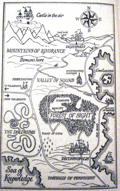 Partial map of The Phantom Tollbooth. By Norton Juster and illustrated by Jules Feiffer. Homeschooling Quotes, Phantom Tollbooth, The Phantom Tollbooth, Lawrence County, Mexican Holiday, Literature Circles, Novel Studies, The Phantom, Illustrated Map