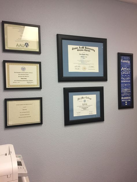 Degree Hanging Ideas, Diplomas On Wall Ideas, Hang Degrees In Office, Diploma Office Display, Hanging Certificates In Office Display, Framed Degree In Office, Hanging Diplomas On Wall, Achievement Wall Display Ideas Office, Displaying Diplomas In Office