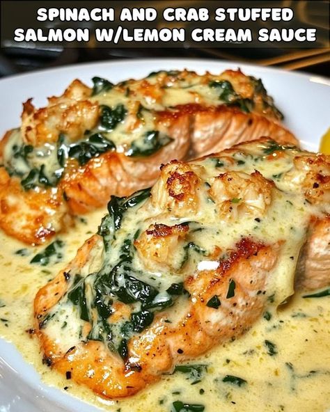 Yay Recipes Salmon With Lemon Cream Sauce, Yay Recipes, Lobster Cream Sauce, Crab Stuffed Salmon, Lemon Cream Sauce, Spinach Lasagna Rolls, Salmon With Lemon, Stuffed Salmon, Turkey Meatballs Baked